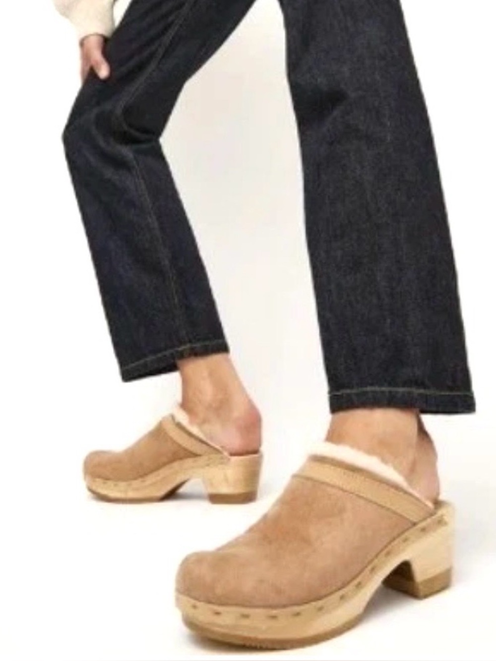 No. 6 Dakota Shearling Clogs Mid Heel Fawn Suede - Picture 2 of 13